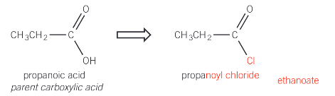 <p>remove the -oic acid suffix from the parent carboxylic acid and replace with -oyl chloride</p>