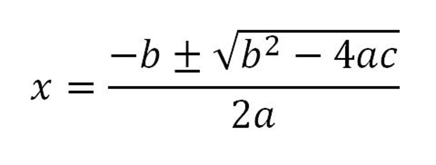 <p>x = negative b + or - square root, b^2 -4AC/ all over 2a</p>