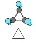 * Planar 
* Steric Energy: \~128 kj/mol
* Bond angles: 60°
* Tetrahedral (sp3 bond angles): 109.5°
* Maximum overlap cannot be achieved
* Angle, Torsion, Van Der Waals
* Eclipsed (in photo)