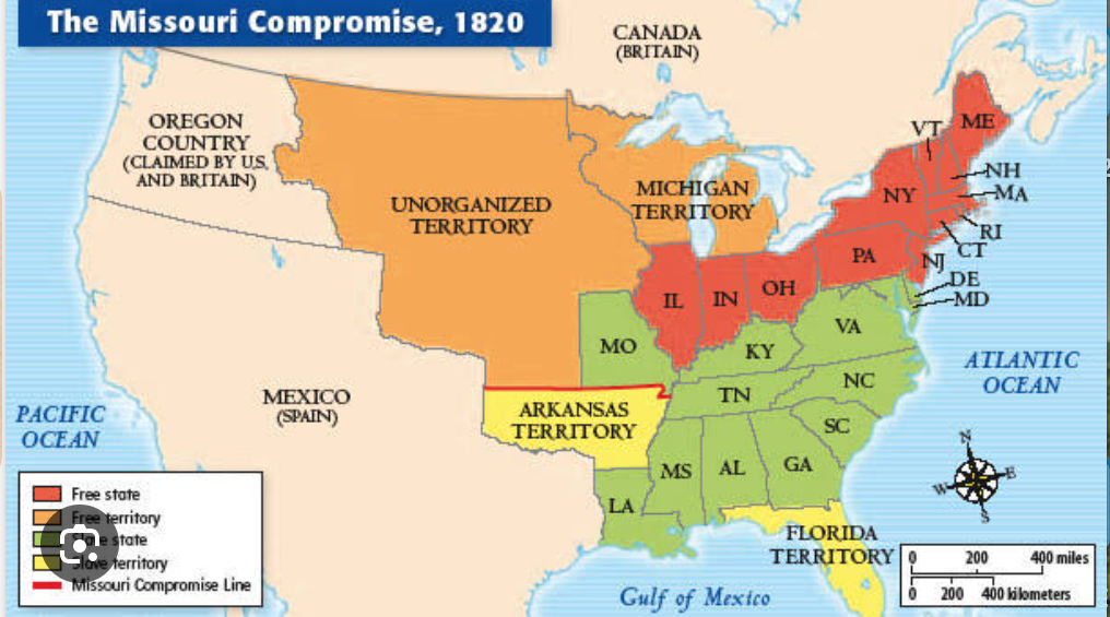 <p><span>Passed in 1820, allowed two states to enter the US and drew a LINE at 36'30" that banned slavery north of it</span></p>