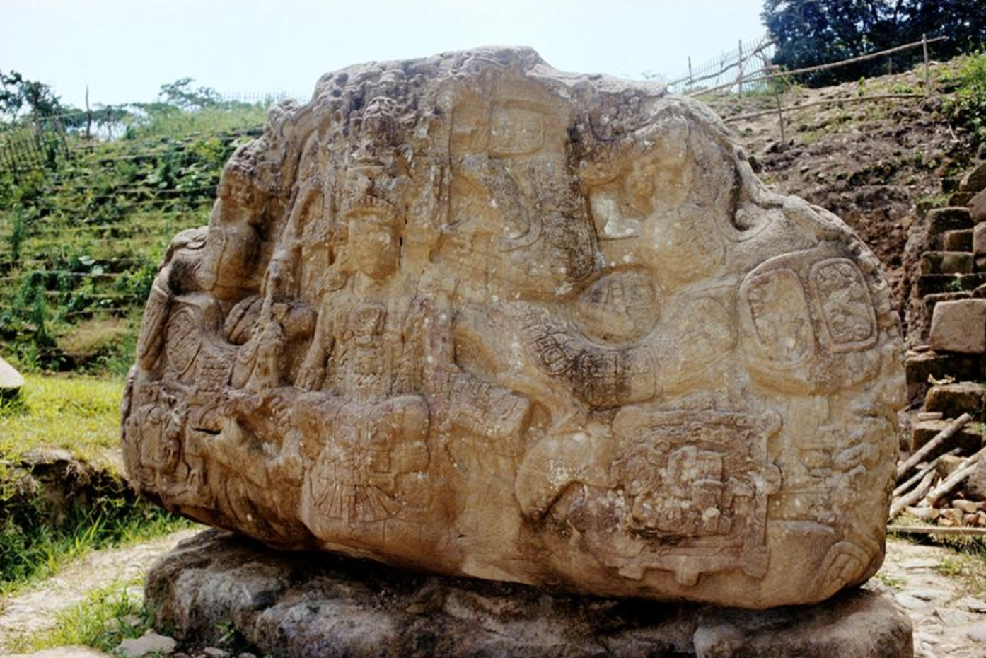 <p>carved into a river boulder, late classic variation on Altar 4 at La Venta, entire boulder is a monster mouth meaning the figure would be seated within the mouth</p>