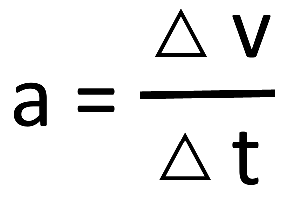 <p>acceleration <span style="color: purple">(</span><span style="color: purple">ms<sup>-2</sup>)</span><span> = </span>change in velocity <span style="color: purple">(m</span><span style="color: purple">s<sup>-1</sup></span><span style="color: purple">)</span> /  change in time <span style="color: purple">(s)</span></p>