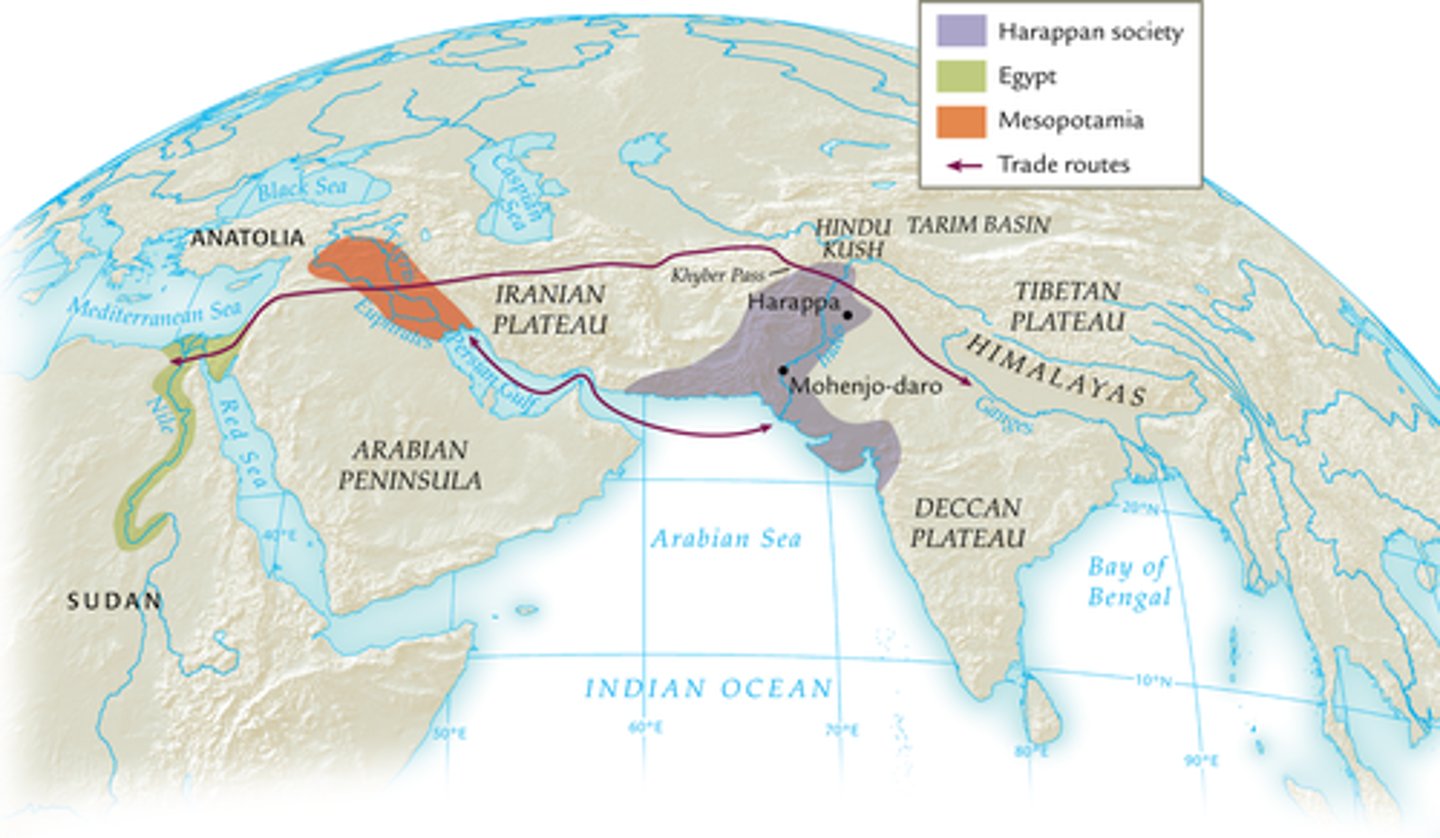 <p>Early agrarian people of the Indus River Valley Civilization. We don't know much about them because most remains are under the water table and their written records are in an indecipherable (Dravidian) script. They were a very peaceful people with no weapons/warfare. Had an advanced sewage system &amp; it's thought that each city ruled itself. They traded with surrounding civilizations (exported cotton), had a surplus of food, standardized weights &amp; measures, and more.</p>