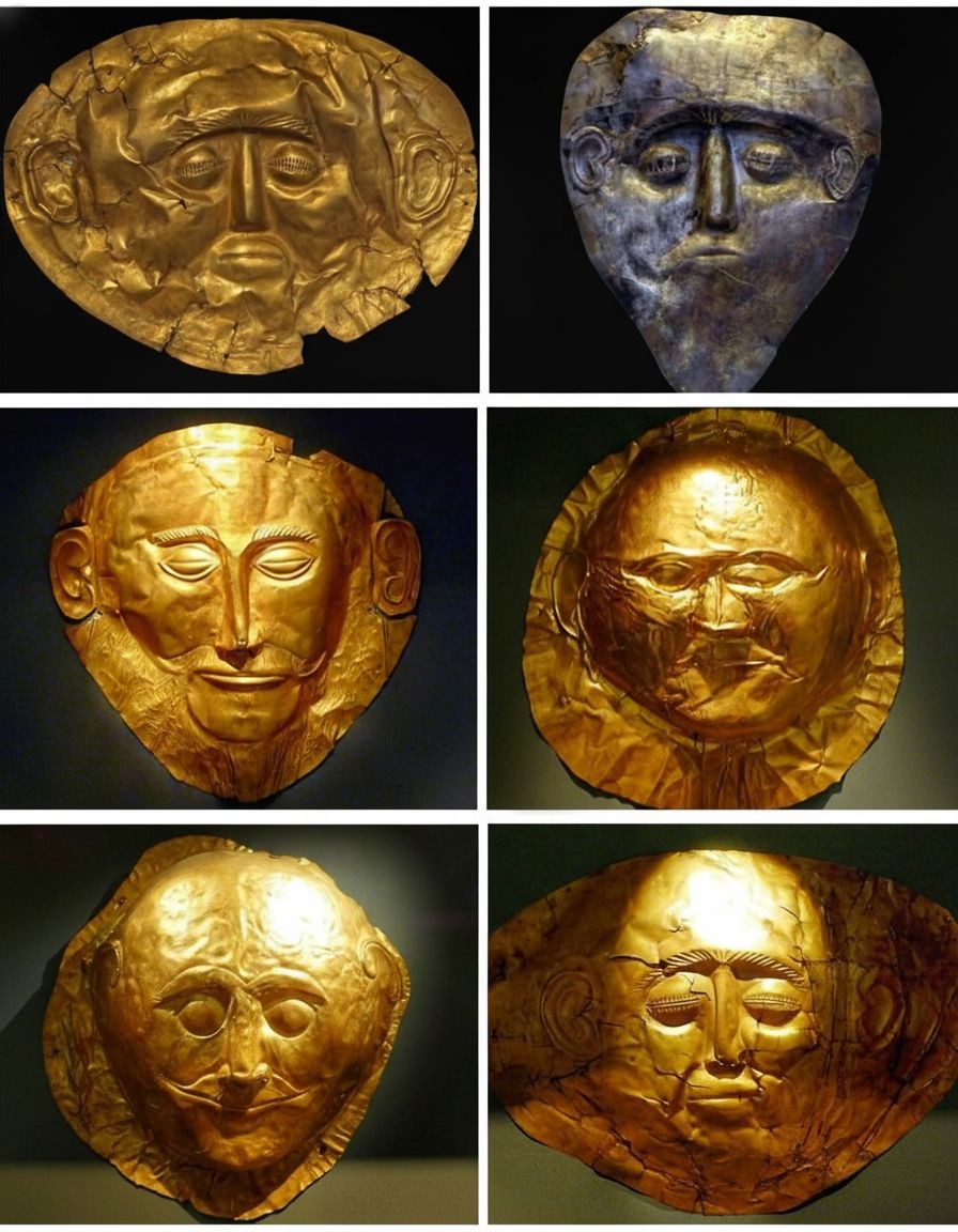 <p><strong><u>Date</u></strong> : 16th century BC</p><p></p><p><strong><u>Material</u></strong> : Gold</p><p></p><p><strong><u>Significance</u></strong> :</p><ul><li><p>skilled craftsmanship - variety of expressions created using ( <strong>repousse, hammering</strong> )</p></li><li><p>evidence of <strong>burial customs</strong> : deceased would wear these masks.</p></li><li><p><strong>wealth</strong> and <strong>status</strong> of deceased - rich, able to afford gold death masks.</p></li></ul><p></p>