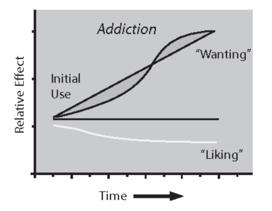 As addiction develops, the addict develops an increase in “wanting” the drug, despite a decrease (or static) “liking”