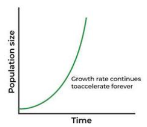 <p>“J-shaped” curve of rapid growth under ideal conditions, rarely sustained.Characterized by unlimited resources and no environmental resistance. </p>