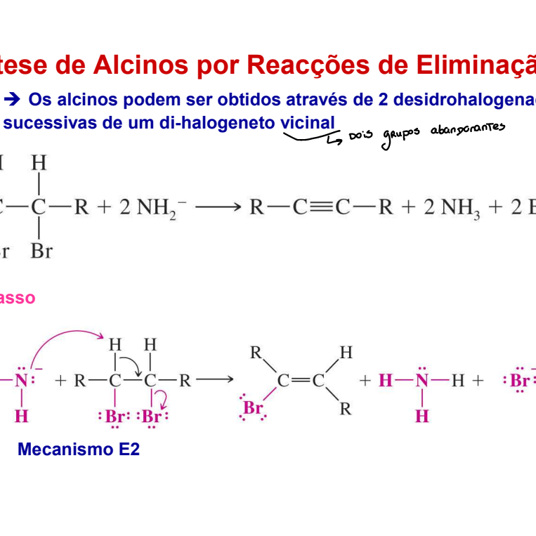 <p>Os alcinos podem ser obtidos por 2 desidrohalogenacoes sucessivas de um di halogeneto vicinal </p><p>O primeiro passo esta na imagem </p>