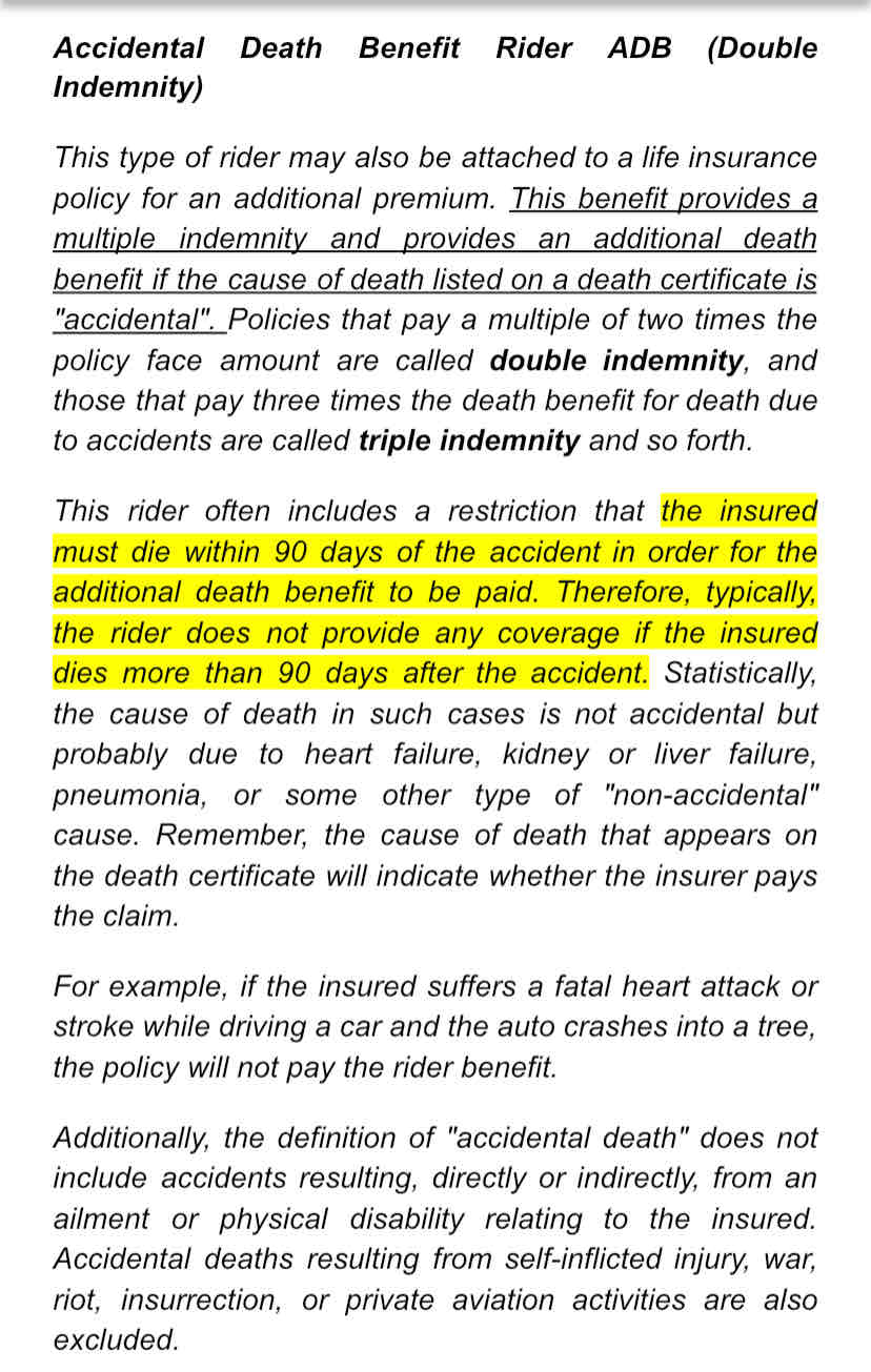 <p>Matt is applying for life insurance and requests a double indemnity rider. A double indemnity benefit will be payable to Matt's beneficiary if Matt</p><ul><li><p>is killed while committing a felony</p></li><li><p>dies of a stroke</p></li><li><p>﻿dies instantly from a car accident</p></li><li><p>﻿﻿is injured in a skiing accident and dies 18 months later</p></li></ul>