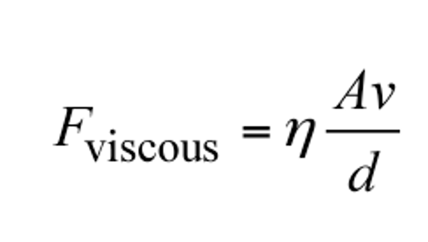 <p>F = η ((A v)/d)</p><p>F = Force of Viscosity on an object</p><p>η =Coefficient of Viscosity</p><p>A = Area in contact with fluid</p><p>v = velocity of object</p><p>d = depth of fluid</p><p>The units of viscosity are Pa*s</p><p>Struggling to keep your MCAT equations straight? Simply conquer the 100 most important equations using Andrew's 100 Most Essential Equations Mastery Course @ https://mcatselfprep.com/course/andrews-equation-mastery-course/</p>