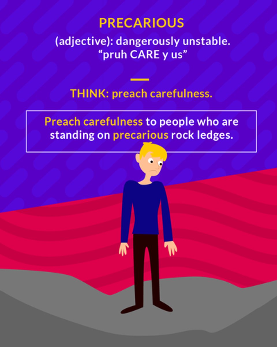 <p>Dangerous; risky; lacking in security or stability</p>