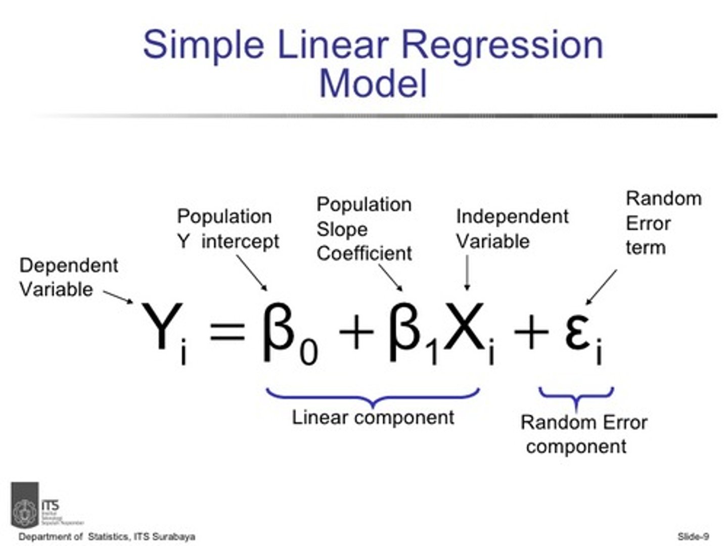 <p>y = ax + b, where a is the slope and b is the y-intercept (where regression line cuts through Y)</p><p>Also equivalent to:</p>