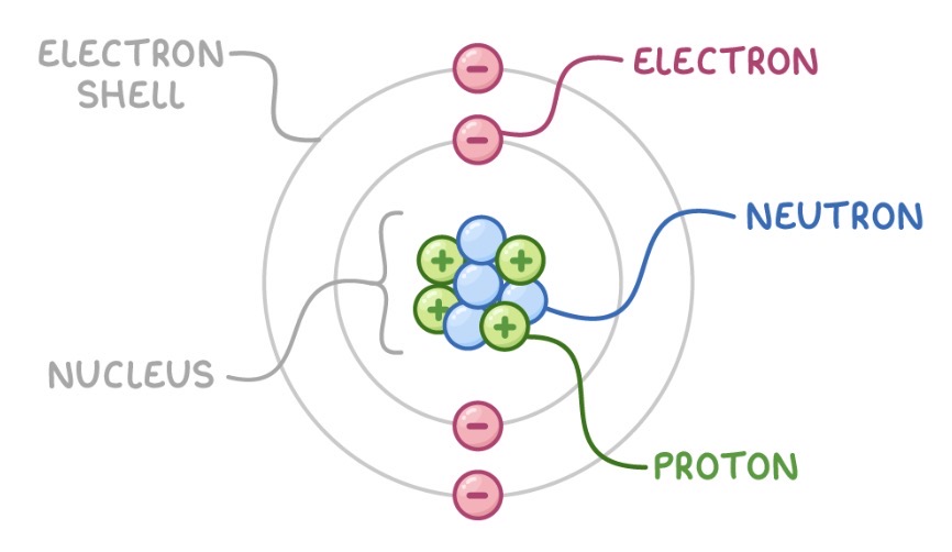 <ul><li><p>Nucleus - containing protons and neutrons, so positive</p></li><li><p>Electron shells</p><ul><li><p>Electrons are arranged in different distances from the nucleus (different energy levels)</p></li><li><p>Energy levels furthest from the nucleus have the highest energy</p></li></ul></li></ul><p></p>