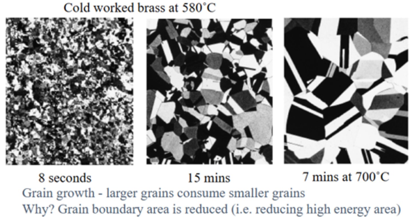 <p>New grains grow larger if the metal is kept hot for too long, consuming smaller ones to reduce total grain boundary area and lower the system’s energy. Strength decreases further but ductility increases</p>