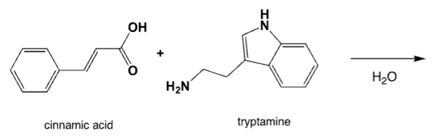 <p>What is the major product of the reaction between cinnamic acid and tryptamine in water?</p>