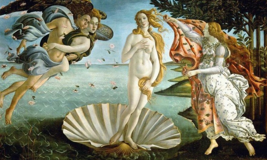 <p>the birth of venus, tempera on canvas, botticelli, 1485, Galleria Degli Uffizi, florence, italy</p>