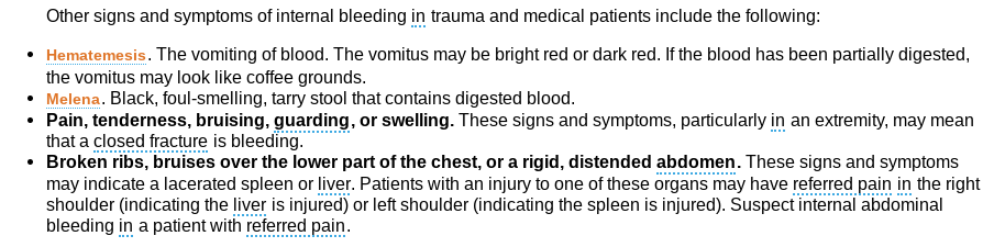 pain, swelling in the area of bleeding, abdominal distention, dyspnea, tachycardia, hemoptysis (coughing up blood), 