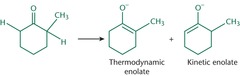 <ul><li><p>The kinetic enolate forms more quickly, irreversible, low temp, sterically hindered base, and is less stable than the thermodynamic enblate.</p></li><li><p>Thermodynamic forms more slowly, reversible, weaker or smaller bases, higher tempreture</p></li></ul>