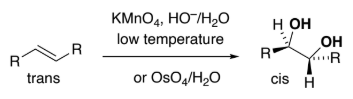 <p>KMnO<sub>4</sub>, <sup>-</sup>OH/H<sub>2</sub>O low temp or OsO<sub>4</sub>/H<sub>2</sub>O</p>