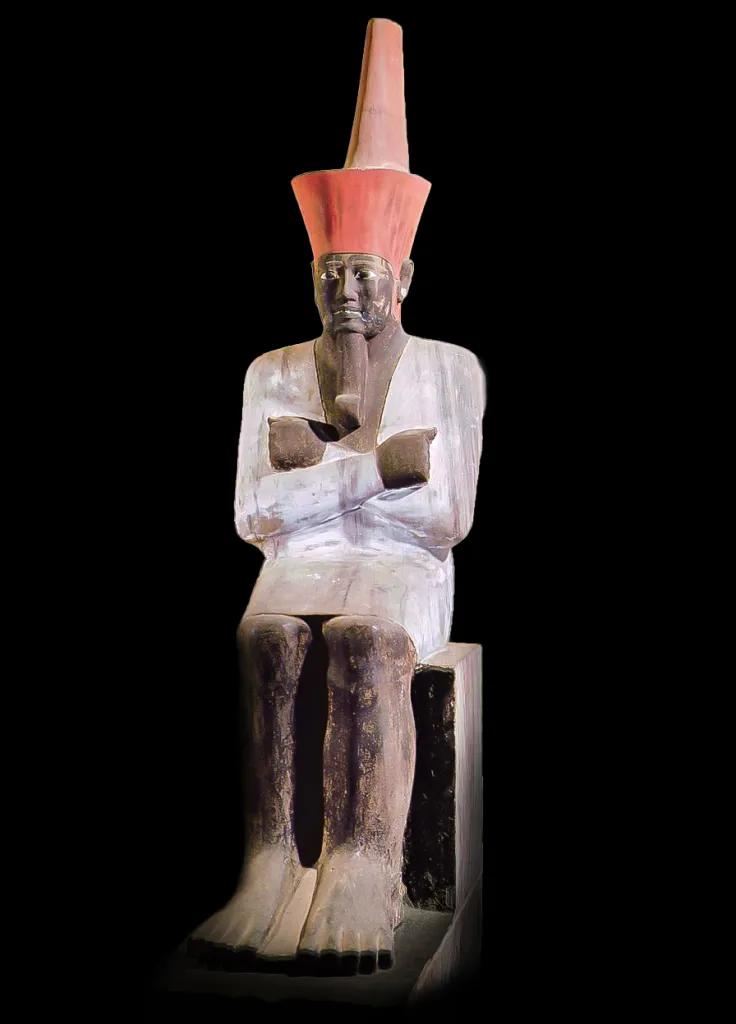 <p>Crowns of ancient Egypt; Statue of Mentuhotep II</p>