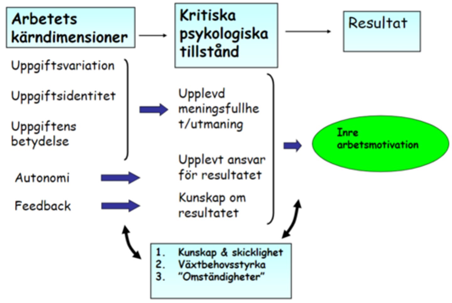 <p>Uppgiftsvariation: I vilken grad individen får använda olika skickligheter och aspekter på sin begåvning i arbetet.</p><p>Uppgiftsidentitet: I vilken grad individen förstår sammanhanget som den egna insatsen kommer in, vilken grad av helhetsupplevelse individen får av sin insats.</p><p>Uppgiftens betydelse: I vilken grad uppgiften har inverkan på andra människor. Vilken betydelse uppgiften får för andra personer.</p><p>Autonomi: Upplevt ansvar för resultatet. Nivån av självständighet och frihet i schemaläggningen samt tillvägagångssätt.</p><p>Feedback: Information som den anställde får om hur väl jobbet utförs.</p>