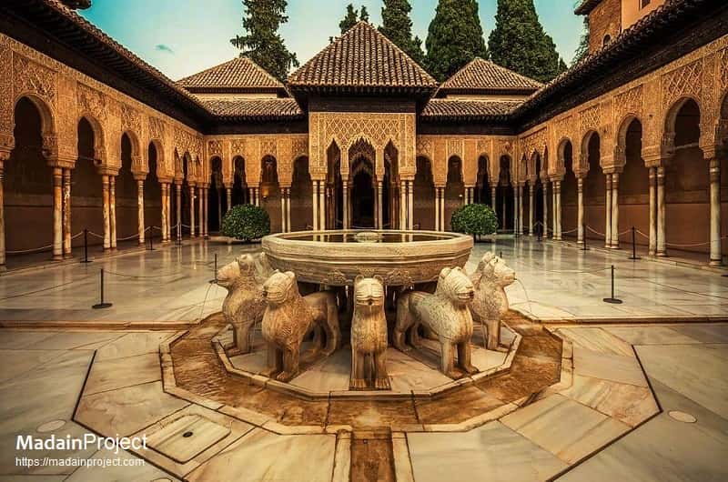 <ul><li><p><u><strong>Form</strong></u></p><ul><li><p>Light, airy interiors; fortress-like exterior.</p></li><li><p>Contains palaces, gardens, water pools, fountains, courtyards.</p></li><li><p>Small, low-bubbling fountains in each room contribute to cool temperatures in the summer.</p></li><li><p>Inspired by the Charbagh gardens from Persia.</p><ul><li><p><strong>Charbagh</strong>: a rectangular garden in the Persian tradition that is based on the four gardens of Paradise mentioned in the Qur’an</p></li></ul></li></ul></li><li><p><u><strong>Function</strong></u></p><ul><li><p>Palace of the Nasrid sultans of southern Spain.</p></li><li><p>The Alcazaba (Arab for fortress) is the oldest section and is visible from the exterior.</p></li><li><p>The Alcazaba is a double-walled fortress of solid and vaulted towers ­containing barracks, cisterns, baths, houses, storerooms, and a dungeon.</p></li></ul></li><li><p><u><strong>Context</strong></u>: Built on a hill overlooking the city of Granada.</p></li></ul><h2><span class="heading-content"><strong>Court of the Lions</strong></span></h2><ul><li><p><u><strong>Form</strong></u></p><ul><li><p>Thin columns support heavy roofs; a feeling of weightlessness.</p></li><li><p>Intricately patterned and sculpted ceilings and walls.</p></li><li><p>Central fountain supported by 12 protective lions; animal imagery permitted in secular monuments.</p></li><li><p>Parts of the walls are chiseled through to create vibrant light patterns within.</p></li></ul></li><li><p><u><strong>Context</strong></u></p><ul><li><p>Built by Muhammad V between 1370 and 1391.</p></li><li><p>Palaces follow the tradition of western Islamic palace design: rooms arranged symmetrically around rectangular courtyards.</p></li><li><p>The courtyard is divided into four parts, each symbolizing one of the four parts of the world.</p><ul><li><p>Each part of the world is therefore irrigated by a water channel that symbolizes the four rivers of Paradise.</p></li></ul></li><li><p>The courtyard is an architectural symbol of Paradise combining its gardens, water, and columns in a unified expression.</p></li></ul></li></ul><h2><span class="heading-content"><strong>Hall of the Sisters</strong></span></h2><ul><li><p><u><strong>Form</strong></u></p><ul><li><p>Sixteen small windows are placed at the top of hall; light dissolves into a honeycomb of stalactites hanging from the ceiling.</p></li><li><p>Five thousand muqarnas, carved in stucco onto the ceiling, refract light.</p></li><li><p>Abstract patterns, abstraction of forms.</p></li><li><p>Highly sophisticated and refined interior.</p></li></ul></li><li><p><u><strong>Context</strong></u></p><ul><li><p>Perhaps used as a music room or for receptions.</p></li><li><p>The hall is so named because of two big twin marble flagstones placed on the floor.</p></li><li><p>In between these flagstones is a small fountain and a short canal from which water flows to the Court of the Lions.</p></li><li><p>The hall was built by order of Mohammed V.</p></li></ul></li></ul>