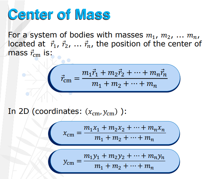 <p><strong>Any system (or single object) is composed of many particles</strong>, but we can consider it as a point by locating a special point in space called the object’s ___________.</p>