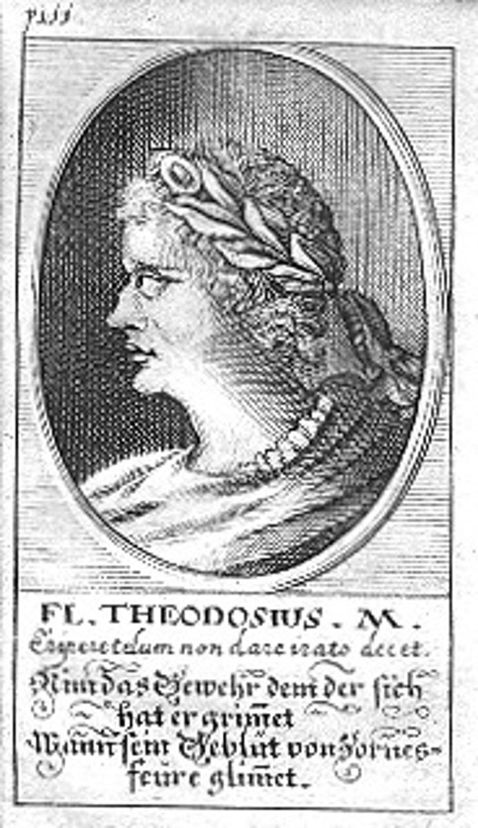 <p>Roman emperor (r. 379-395 C.E.) who made Christianity the official religion of the Roman state, banning all polytheistic rituals.</p>