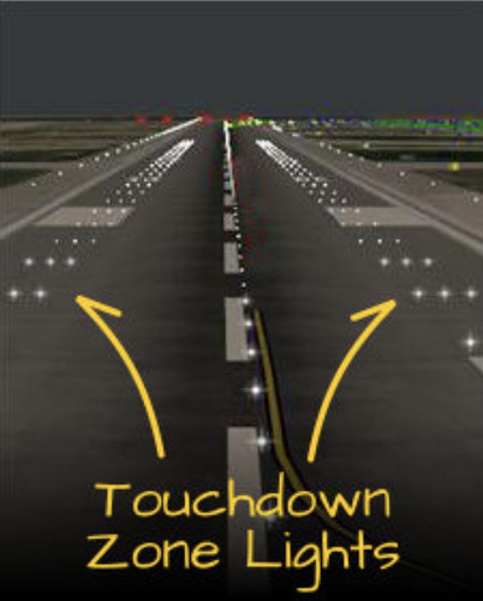 <p>Two rows of transverse light bars disposed symmetrically about the runway centerline in the runway touchdown zone.</p>