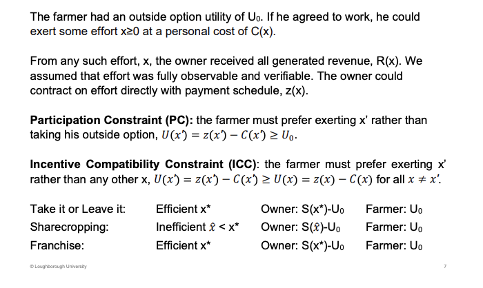 <p>More effort, higher revenue for the owner.</p><p>&nbsp;</p><p>The three possible payment systems at the bottom which the owner can use.</p><p>Agent will only get a utility just above the outside option, U0</p>