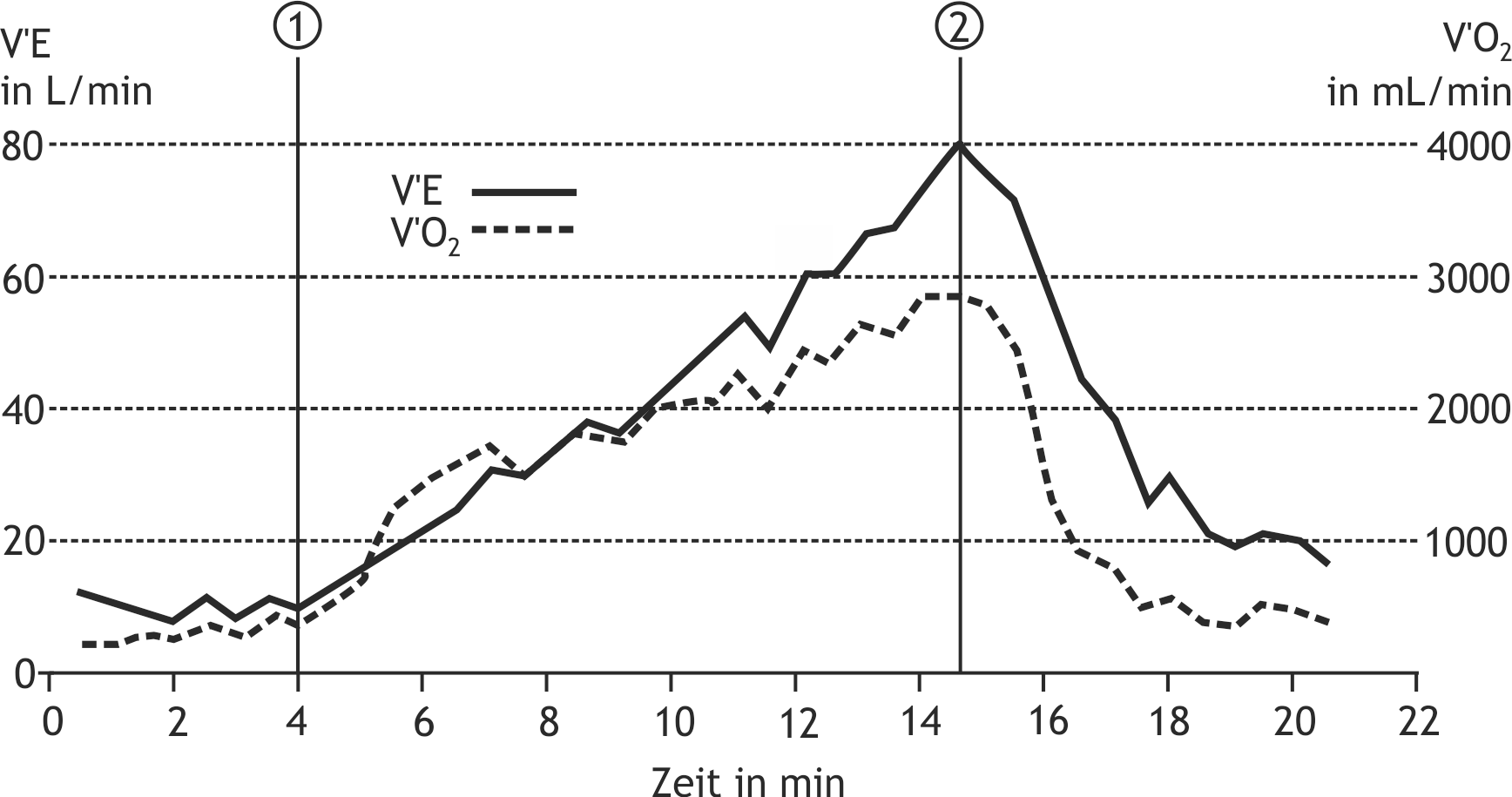 <p>45. You perform a spiroergometry test on a healthy subject and record the minute ventilation (V’E) and oxygen uptake (V’O₂) over time:</p><p>Which statement can most likely be derived from this?</p><p>A. At time point ①, the energy turnover is approximately 1,000 J/min.</p><p>B. At time point ②, the lactate concentration in the blood plasma is < 1.2 mmol/L.</p><p>C. At time point ②, the workload is below the endurance limit.</p><p>D. At time point ②, a partially compensated metabolic acidosis is present.</p><p>E. At time point ②, the ratio of CO₂ output to O₂ consumption (V’CO₂ / V’O₂) is lower than at time point ①.</p>