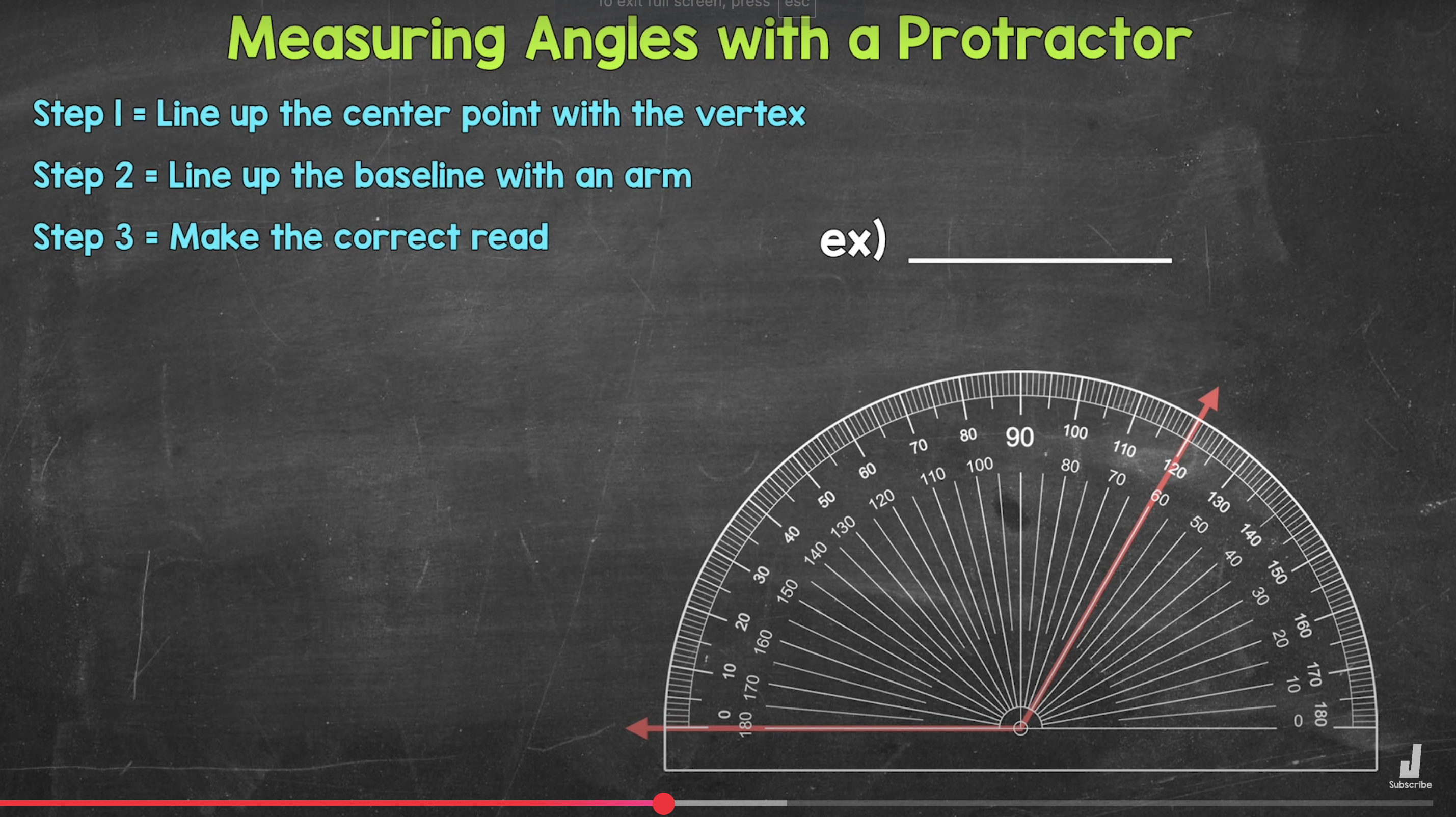 <p>Line up the vertex of the angle with the dot at the center of the protractor.</p><p>Line up one side of the angle with 0 degrees on the protractor.</p><p>Read the protractor to see where the other side of the angle crosses the number scale.</p>