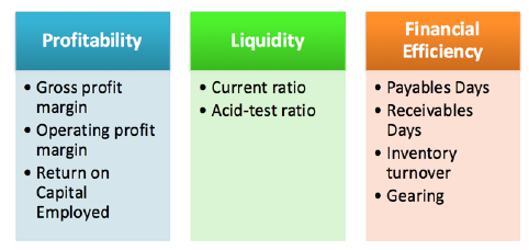 <ul><li><p>Profitability </p></li><li><p>Liquidity </p></li><li><p>Financial effiency </p></li></ul><p></p>