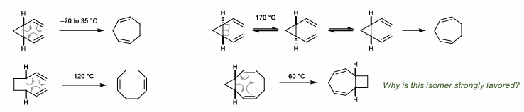 <ul><li><p>Divinyl cyclopropane, cyclobutane. Remember, ring strain release is about 26 kcal/mol for cyclopropane</p></li></ul><p></p>