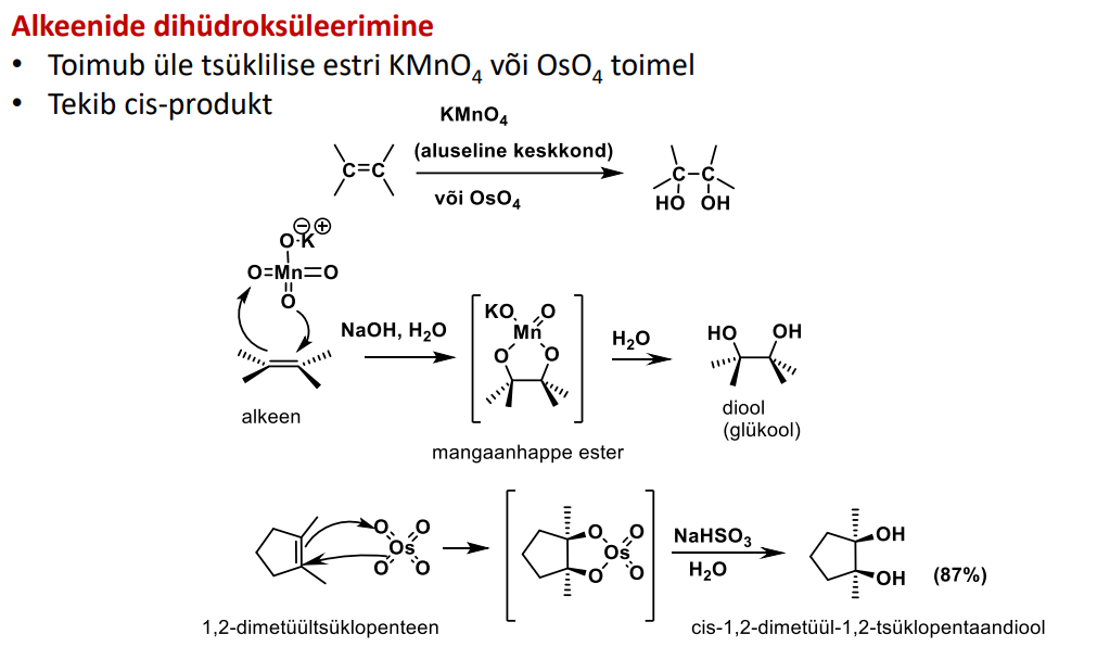 <p>OH rühmade lisamine</p><p>MÕLEMAL JUHUL TEKIB <strong>CIS-DIOOL</strong><br>1) KMnO4 toimel: Enne tekib tsükliline ester, ning siis H2O reag. selle estriga ning tekib diool<br>2) OsO4 toimel niisama</p><p>((kuna KMnO4-ga on 2 reakts. alkeenidel, siis jäta meelde, et KMnO4-ga <span style="color: red"><strong>OH- </strong></span><span style="color: rgb(0, 0, 0)">keskk.-s tekib diool (2OH)</span>)</p><p></p>