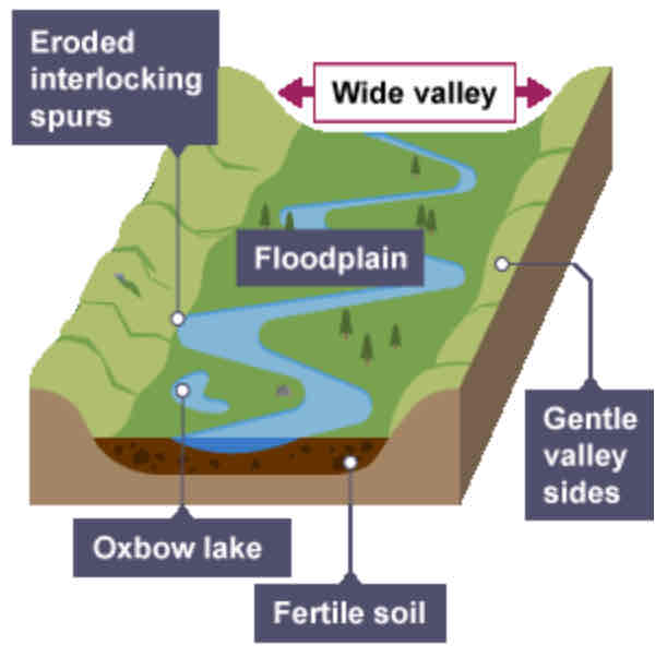 <ul><li><p>Erosion removes any interlocking spurs to create a wide, flat area on either side of the river</p></li><li><p>During a flood, material carried by river is deposited (as river loses speed and energy).</p></li><li><p>Over time, the height of the floodplain increases as material is deposited on either side of the river.</p></li></ul>