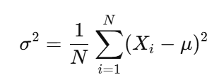<p>• σ²: Variance of the population</p><p>• Xᵢ: Individual value</p><p>• μ: Population mean</p><p>Use: Measures how spread out the values are in the population</p>