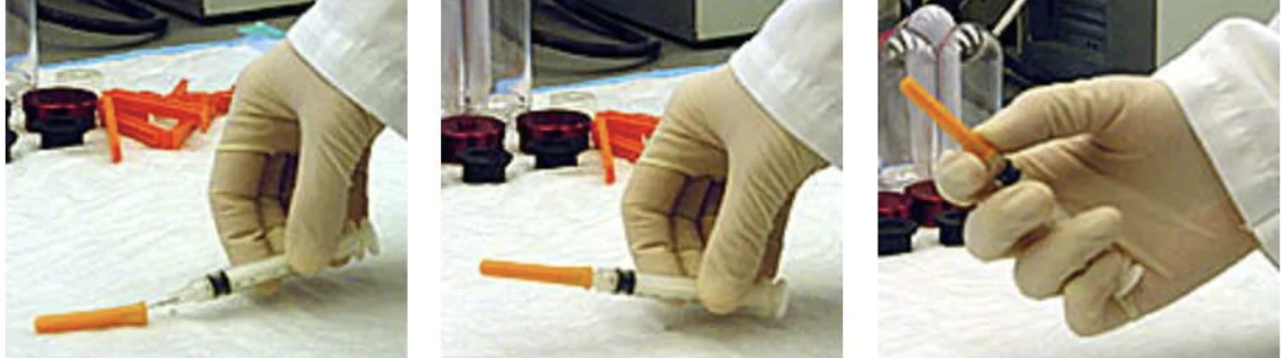 <p>placing the needle cap on the counter in the direction needed.</p><p>Scooping up the cap with the needle end.</p><p>tightening the cap, using the same hand (keeping free hand out of the way)</p>
