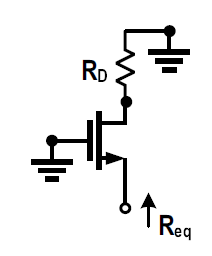 <p>What is the Req of a MOSFET when looking into the source and when Rd is on the drain?</p>
