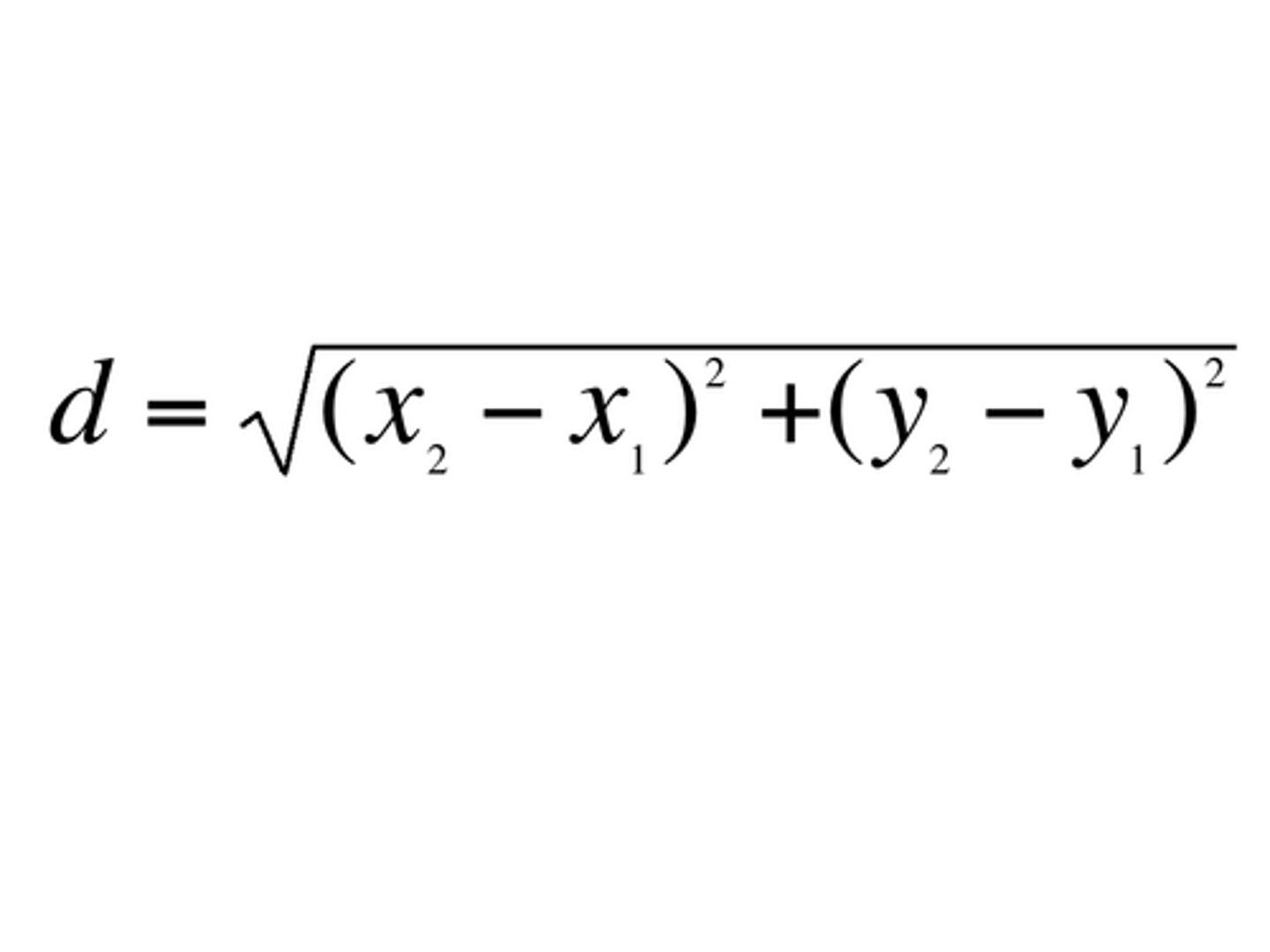 <p>Given two points p1 and p2 in the Dth dimension, for every i in D, the root of the sum of (p_1i - p_2i)^2</p>