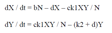 <p>If X and Y in the following equations are defined as the number of susceptible and infected individuals, respectively, in a population exposed to a disease, where N = X + Y, c represents the contact rate between X and Y, and b and d represent birth and death rates, respectively, which of the statements following the equations is/are correct?</p>