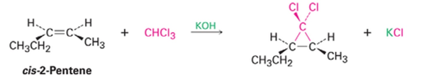 <p>Add'n Rxn forms cyclopropane derivatives</p><p>No I*</p><p>Regiospecific: n/a</p><p>Stereospecific: syn add'n of Y(2), overall mix is racemic</p>