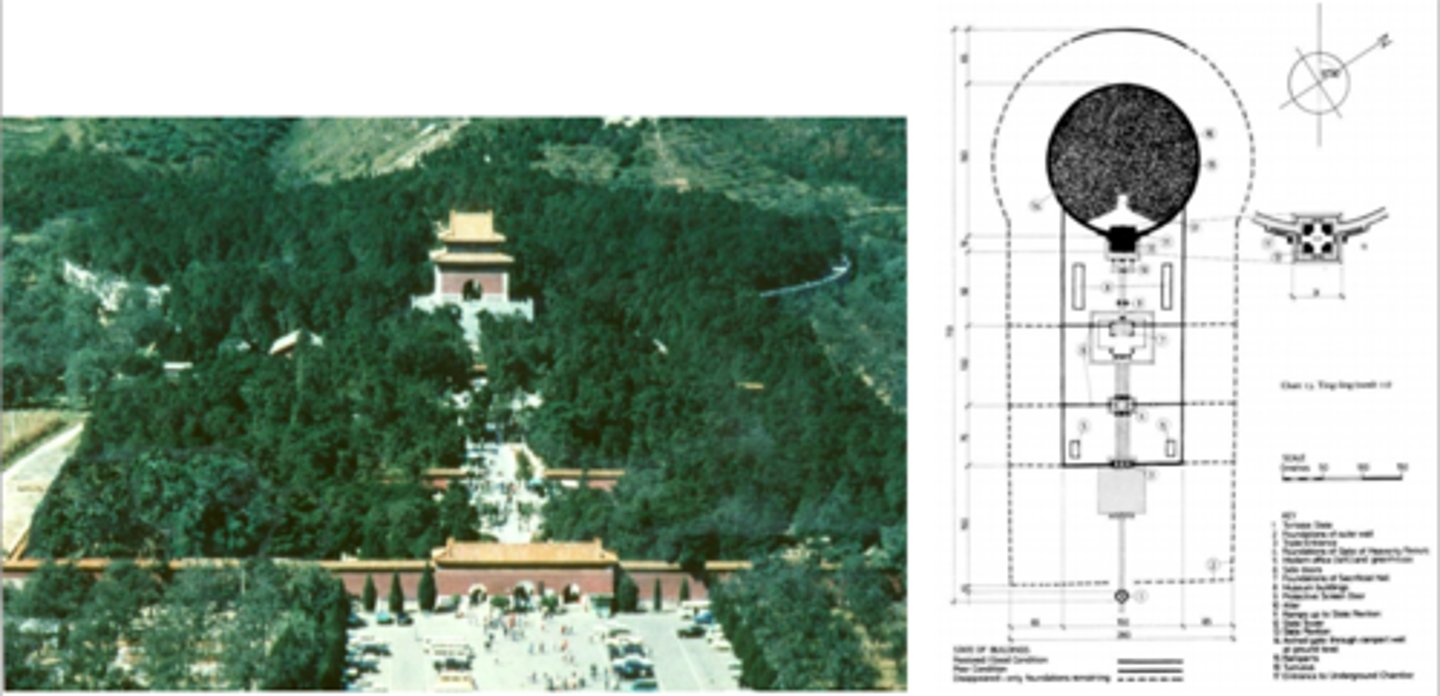 <p>Shi Huangdi; Chinese; 221-210 BCE</p><p>Tomb was built underground/ everything is under the pyramid. The burial place is a microcosim of the entire world.</p><p>Shi huangdi built roads, unified law code/coinage/script and standardized weights/ measurements.</p>