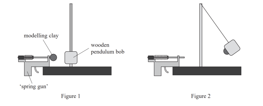 <ol start="25"><li><p>A student investigated the behaviour of a pendulum. The student used a ‘spring gun’ to fire a small sphere of modelling clay at the wodden pendulum bob, as shown in Figure 1. The clay stuck to the pendulum bob, which swung to one side, as shown in Figure 2,.</p></li></ol><p>Explain how the conservation of energy applies to this situation. Consider the situation from the moment that the spring gun is released, to when the pendulum bob is at its maximum height. [7]</p><p></p>