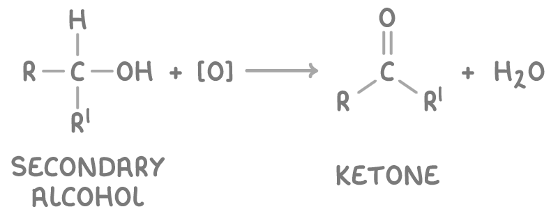 <ul><li><p>2<sup>o</sup> alcohol oxidised to ketone</p></li><li><p>heat under reflux w/ H<sub>2</sub>SO<sub>4</sub> and K<sub>2</sub>Cr<sub>2</sub>O<sub>7 </sub>- latter is the oxidising agent </p></li><li><p>oxidation - cannot be oxidised further</p></li></ul><p></p>