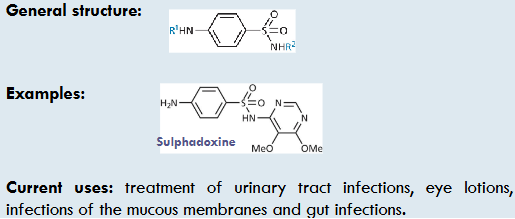 <p>MoA: inhibits cell metabolism- blocks the biosynthesis of tetrahydrofolate</p><p>treats UTIs, gut infections, eye lotions</p><p>e.g. sulphadoxine</p>