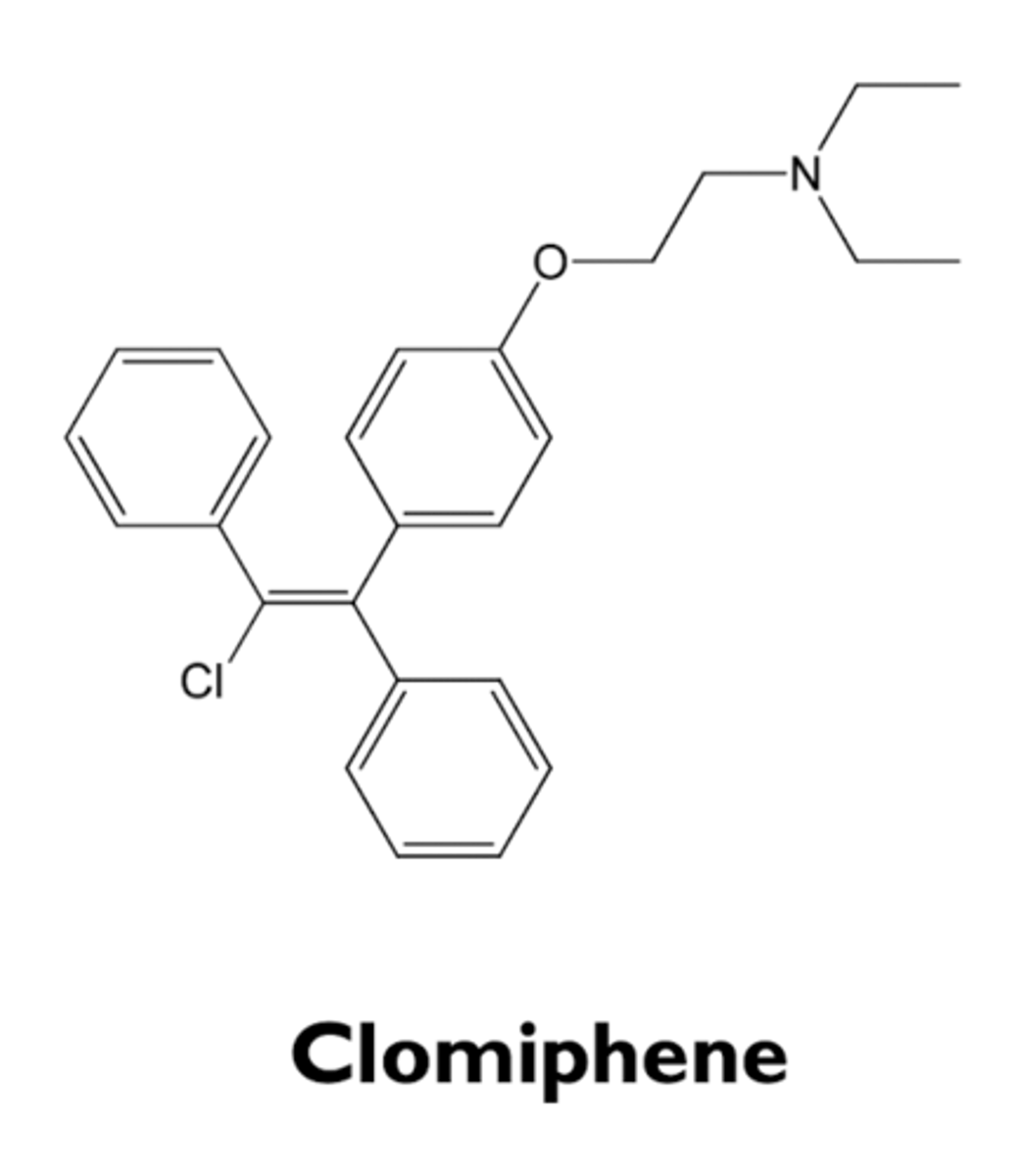 <p>- SERM; partial estrogen agonist</p><p>- increases secretion of FSH and LH by inhibiting negative estradiol feedback</p><p>- used to stimulate ovulation in women with oligomenorrhea or amenorrhea and ovulatory dysfunction (frequently from polycystic ovary syndrome)</p><p>- polycystic ovary syndrome (PCOS)</p>