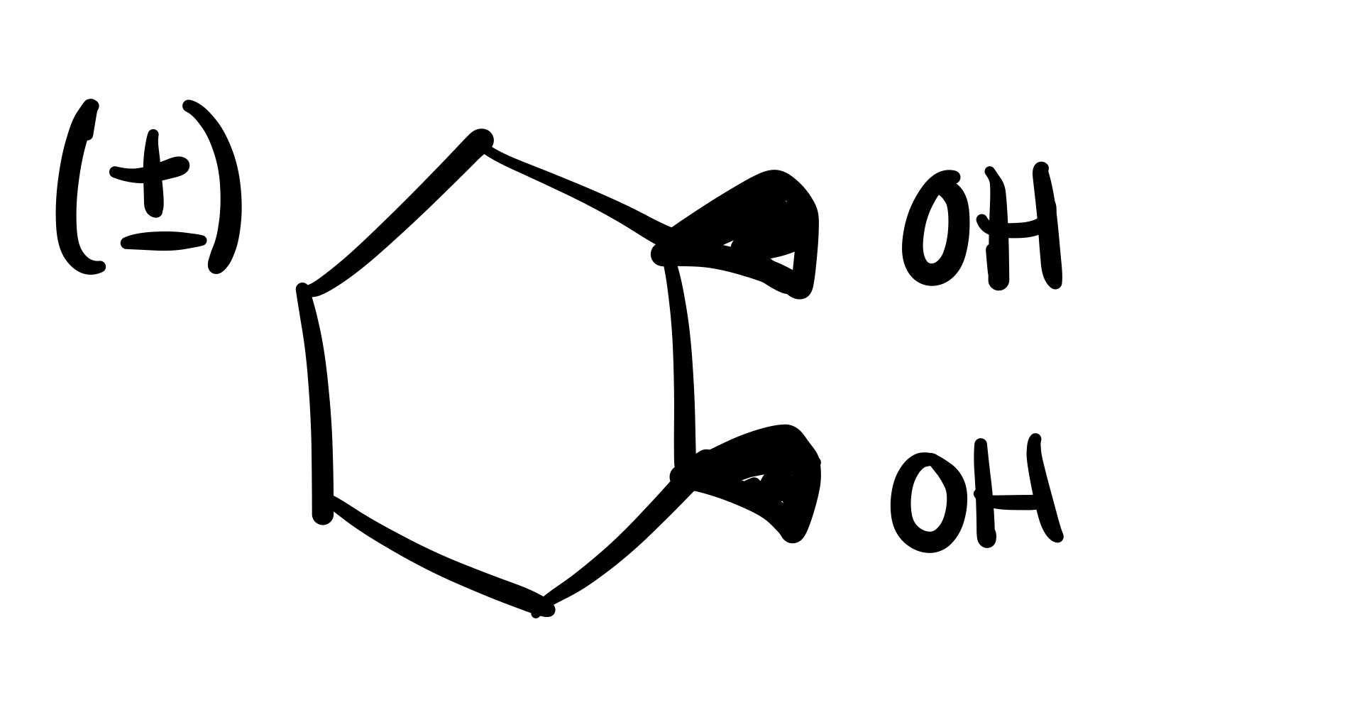 <p>The double bond is broken and the 2 OH’s are added (both are wedge or both are dash). Add plus/minus sign</p>