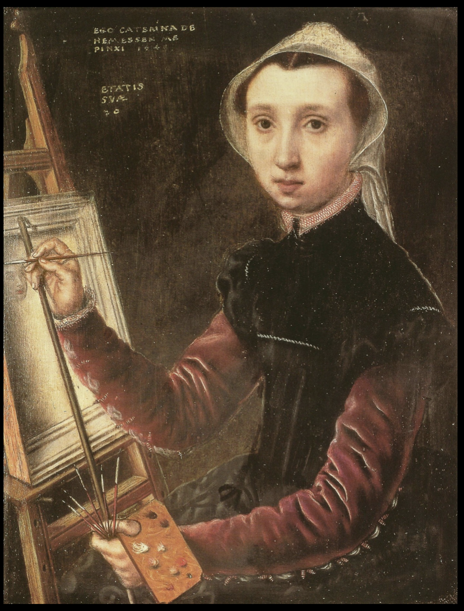 <ul><li><p>1548, Tempra on Wood, Flanders</p></li><li><p>Shows herself holding tools of their trade</p></li><li><p>Gazes directly outward at viewer, giving her sense of agency</p><ul><li><p>Testament/proof of her ability to make art</p></li></ul></li><li><p>Shows herself in finery to show her social status&nbsp;</p></li></ul>