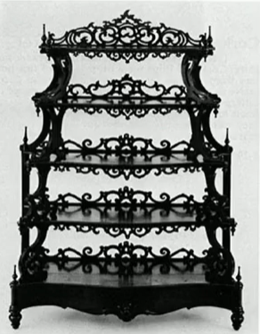 <ul><li><p>usually carved wood</p></li><li><p>stained in dark colors</p></li><li><p>carved w/ “curves within curves” → curved patterns are symmetrically placed &amp; repeated</p></li><li><p>furniture is usually intended for display of decorative objects</p></li></ul><p></p>