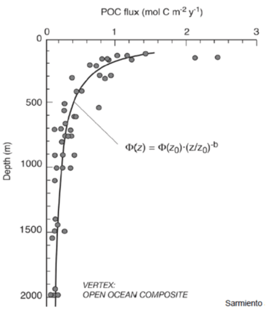 <p>F = F100 (z/100)^-b</p><p>- Z = trap depth</p><p>- F100 = POC flux at 100 m</p><p>- B = unitless parameter</p>
